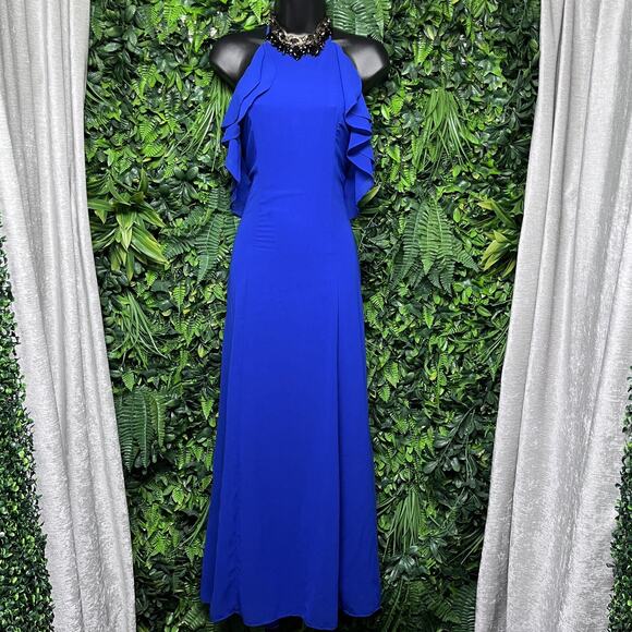 Lulus Dress Women Medium Royal Blue Halter Maxi Ruffle Sleeves Formal Gown 2667 - Picture 2 of 9